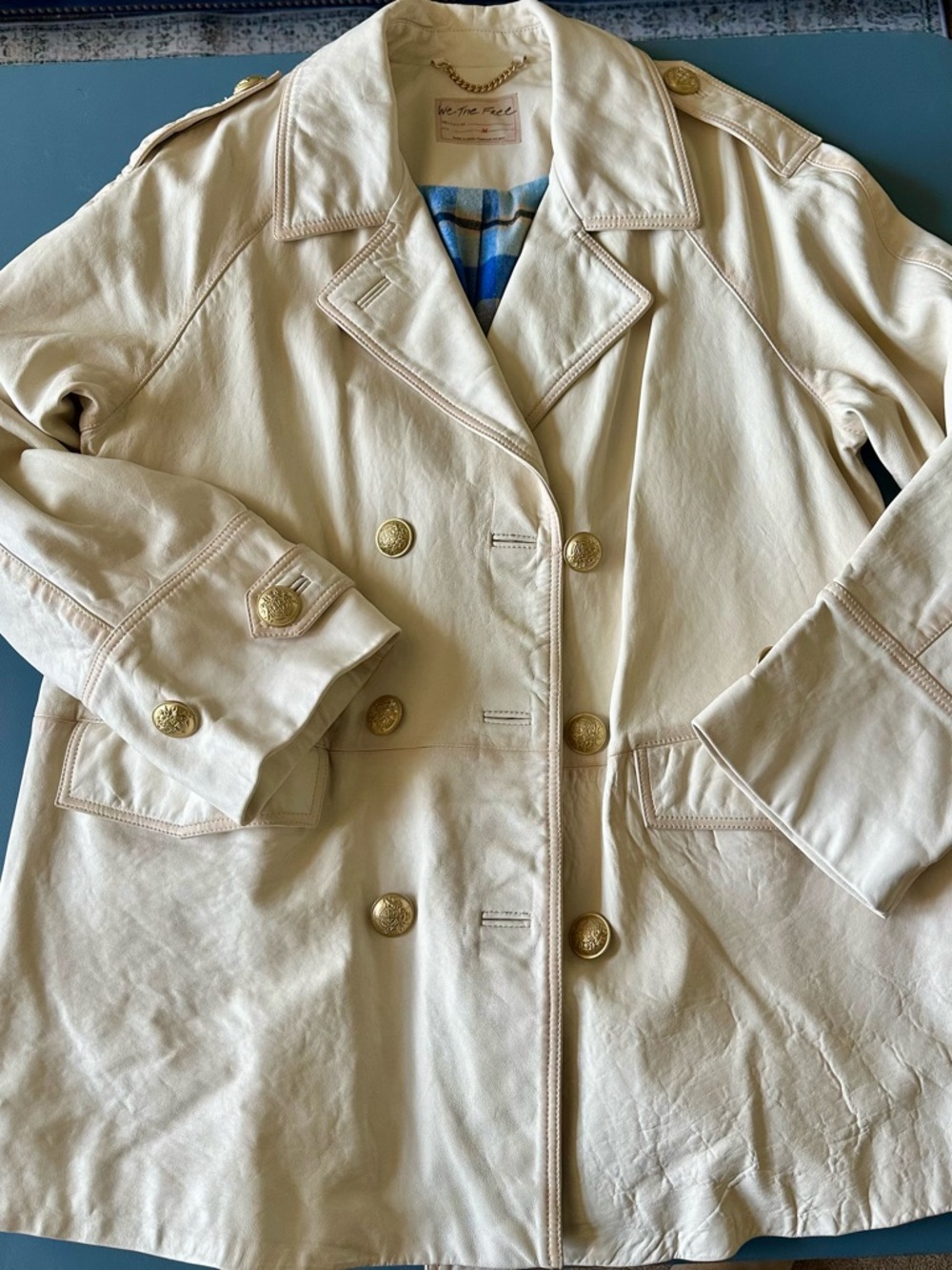 Free People Cream Double-Breasted Leather Trench Coat